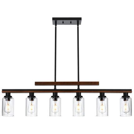 MELUCEE 6-Light Farmhouse Chandeliers Rustic Wood Pendant Light Black Finish with Clear Glass Shade