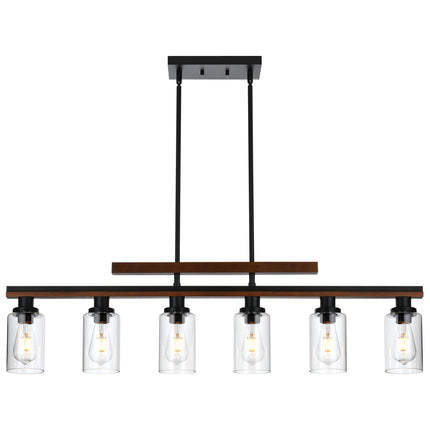 MELUCEE 6-Light Farmhouse Chandeliers Rustic Wood Pendant Light Black Finish with Clear Glass Shade