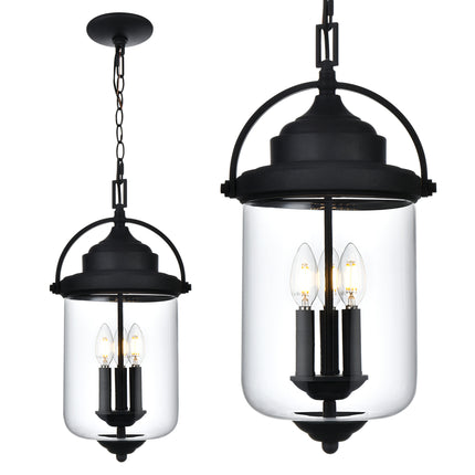 MELUCEE 3-Light Outdoor Pendant Light Fixture in Black with Clear Glass