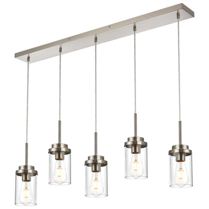MELUCEE 5 Lights Kitchen Island Lighting Modern Linear Chandeliers for Dining Room, Industrial Brushed Nickel Pendant Light Fixtures Ceiling Hanging with Clear Glass Shade, 40.1 Inches Length