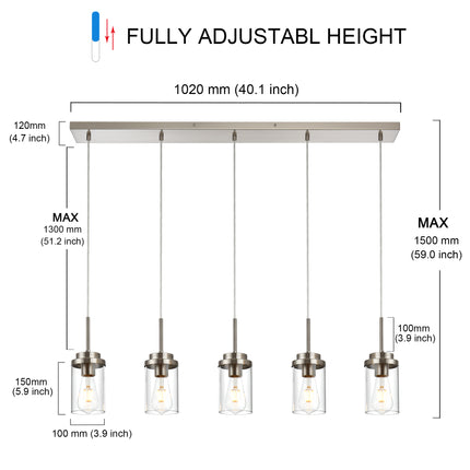 MELUCEE 5 Lights Kitchen Island Lighting Modern Linear Chandeliers for Dining Room, Industrial Brushed Nickel Pendant Light Fixtures Ceiling Hanging with Clear Glass Shade, 40.1 Inches Length