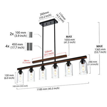 MELUCEE 6-Light Farmhouse Chandeliers Rustic Wood Pendant Light Black Finish with Clear Glass Shade