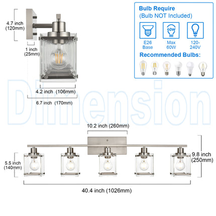 MELUCEE Bathroom Light Fixtures 5 Lights, Brushed Nickel Vanity Lighting with Rectangular Clear Glass Shade