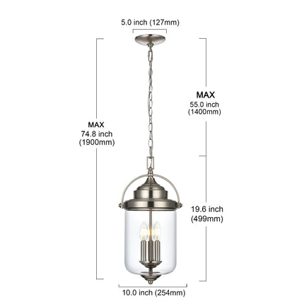 MELUCEE Outdoor Pendant Lights for Porch, 3-Light Outdoor Chandelier  in Brushed Nickel Finish with Clear Glass