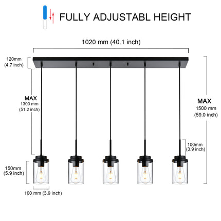 MELUCEE Kitchen Island Lighting Modern 5 Lights Linear Chandeliers for Dining Room, Industrial Black Pendant Light Fixtures Ceiling Hanging with Clear Glass Shade, 40.1 Inches Length