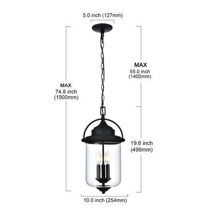 MELUCEE 3-Light Outdoor Pendant Light Fixture in Black with Clear Glass