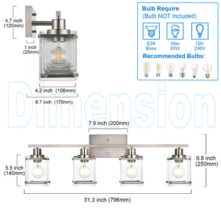 MELUCEE Modern Vanity Light Fixtures, 4-Light Brushed Nickel Bathroom Vanity Lights Over Mirror with Rectangular Clear Glass