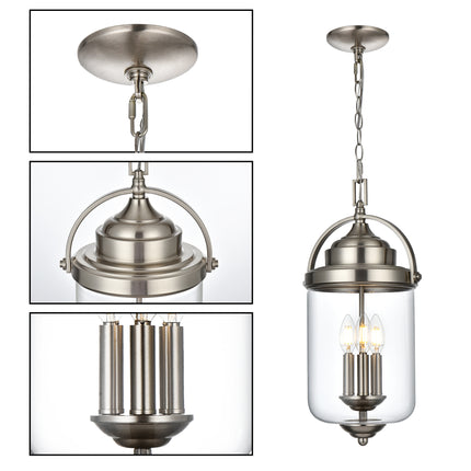 MELUCEE Outdoor Pendant Lights for Porch, 3-Light Outdoor Chandelier  in Brushed Nickel Finish with Clear Glass