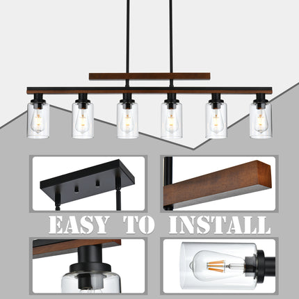 MELUCEE 6-Light Farmhouse Chandeliers Rustic Wood Pendant Light Black Finish with Clear Glass Shade