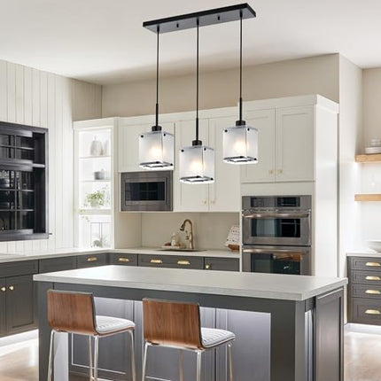 MELUCEE 3-Light Dining Room Light Fixtures Hanging Contemporary Linear Chandeliers for Dining Room Hallway with Rectangular Frosted Glass Shade