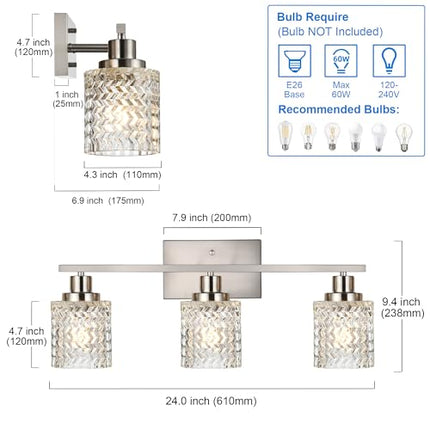 MELUCEE 3 Lights Brushed Nickel Modern Vanity Lights with Hammered Glass Shade Suitable for Bathroom Living Room Hallway