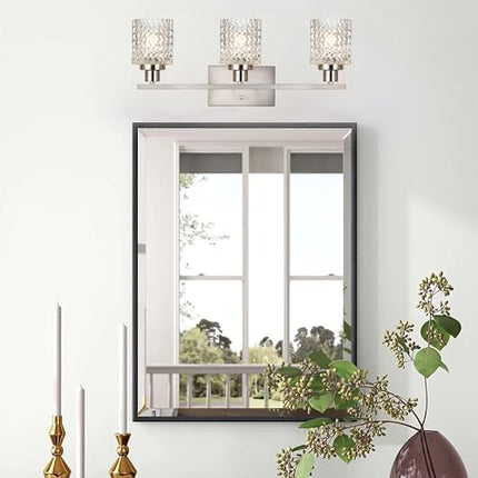 MELUCEE 3 Lights Brushed Nickel Modern Vanity Lights with Hammered Glass Shade Suitable for Bathroom Living Room Hallway