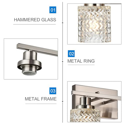 MELUCEE 3 Lights Brushed Nickel Modern Vanity Lights with Hammered Glass Shade Suitable for Bathroom Living Room Hallway