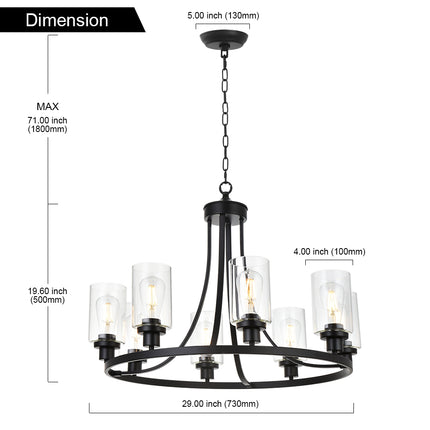 MELUCEE Black Chandelier 8 Lights, Kitchen Island Lighting Industrial Chandelier with Clear Glass Shade