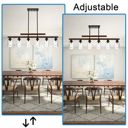 MELUCEE 6-Light Farmhouse Chandeliers Rustic Wood Pendant Light Black Finish with Clear Glass Shade