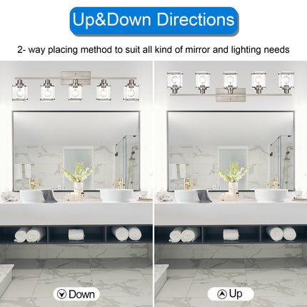 MELUCEE Bathroom Light Fixtures 5 Lights, Brushed Nickel Vanity Lighting with Rectangular Clear Glass Shade