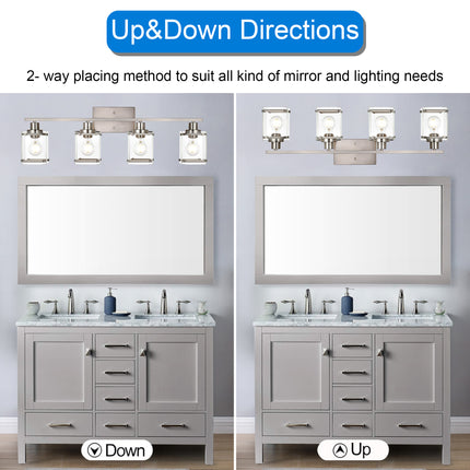 MELUCEE Modern Vanity Light Fixtures, 4-Light Brushed Nickel Bathroom Vanity Lights Over Mirror with Rectangular Clear Glass
