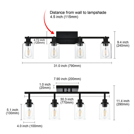 MELUCEE 4 Light Track Lighting Kit Bathroom Light Fixtures Matte Black