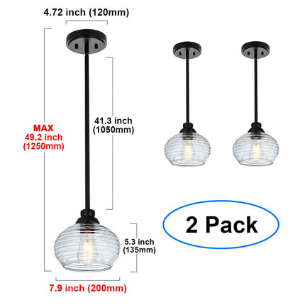 MELUCEE Set of 2 Glass Pendant Lights with Clear Water Ripple Glass, Coastal Pendant Light for Dining Room Kitchen Island Hallway