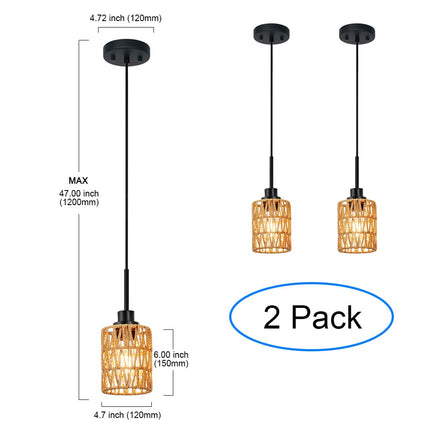 MELUCEE 2 Pack Rattan Hanging Light Fixture Boho Pendant Light Black Adjustable Dining Table Light Fixture with Rattan Lamp Shade, Set of Two Mini Pendant Lighting for Kitchen Island Hallway Stair