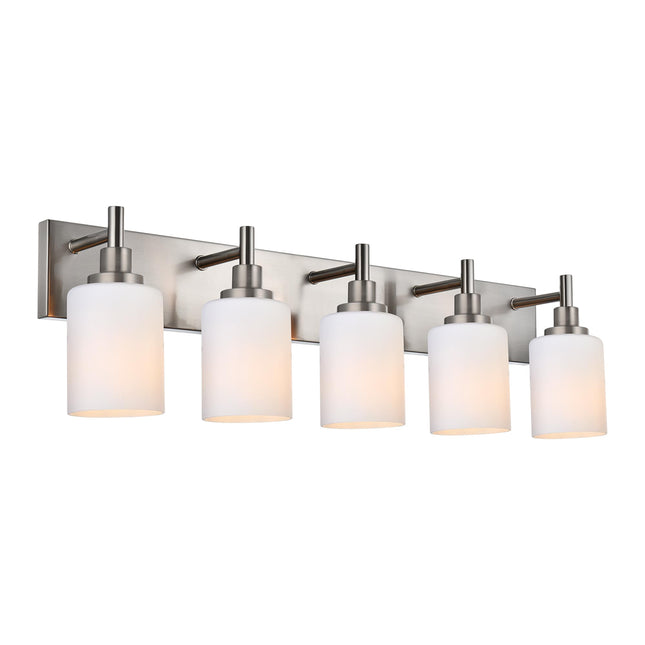 MELUCEE Modern Bathroom Light Fixtures with Milky White Glass Shade 5 Light Brushed Nickel Vanity Lighting Fixtures Over Sink Light Bathroom Wall Lights for Dressing Room Laundry Room Kitchen