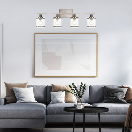 MELUCEE Modern Vanity Light Fixtures, 4-Light Brushed Nickel Bathroom Vanity Lights Over Mirror with Rectangular Clear Glass