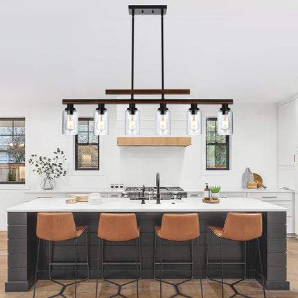 MELUCEE 6-Light Farmhouse Chandeliers Rustic Wood Pendant Light Black Finish with Clear Glass Shade