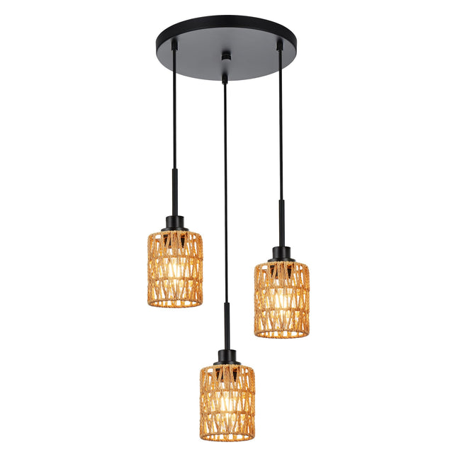 MELUCEE 3-Light Kitchen Pendant Lighting Rattan Light Fixture Ceiling Hanging with Hand Woven Rattan Lamp Shade, Farmhouse Cluster Pendant Light for Dining Room Foyer Entryway