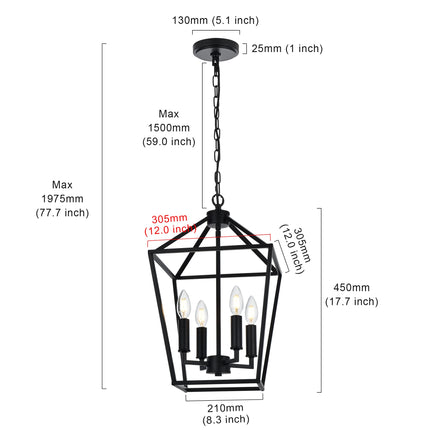 MELUCEE Farmhouse Chandelier 4 Lights Lantern Pendant Light in Black Finish Vintage Openwork Cage Hanging Light