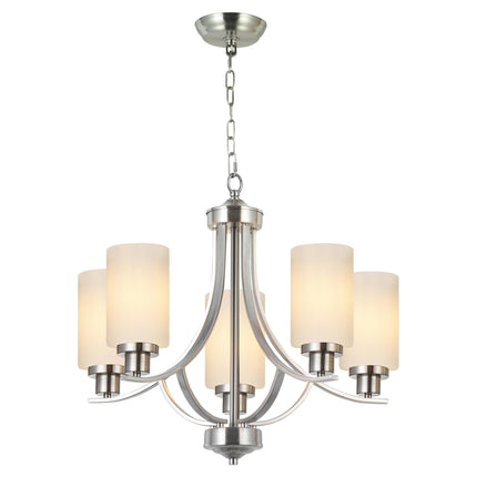 MELUCEE 5 Lights Chandeliers for Dining Room Traditional Chandelier Classic Pendant Light Brushed Nickel with Milky White Glass Shade, Mid Century Modern Chandelier for Kitchen Foyer Bedroom