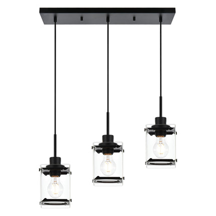 MELUCEE Pendant Lighting for Kitchen Island, 3-Light Dining Room Light Fixtures Hanging Black Finish with Rectangular Clear Glass Shades