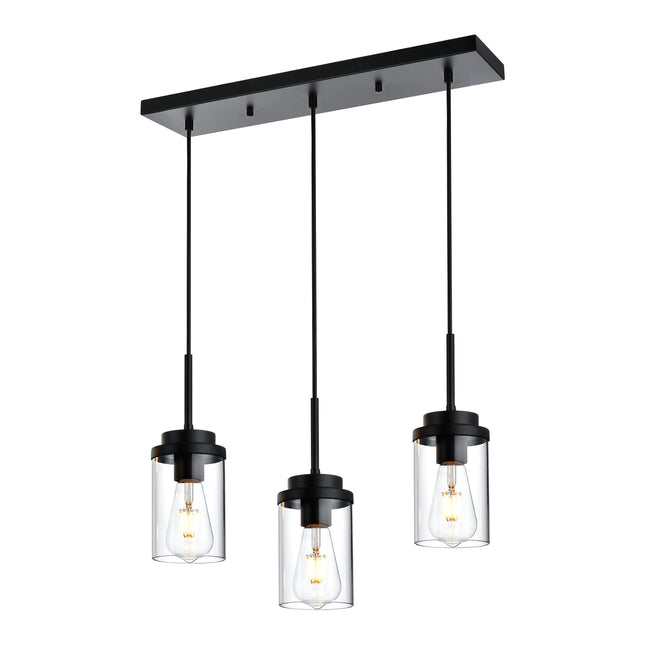 MELUCEE 3 Lights Linear Chandelier Black Finish Kitchen Pendant Lighting Over Island Dining Room Light Fixtures Ceiling Hanging Lamp with Clear Glass Shade, 20.5 Inches Length