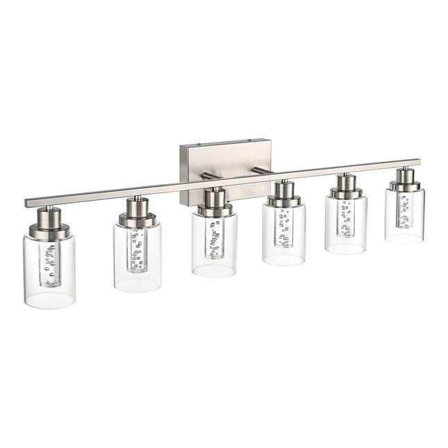 MELUCEE 6-Light LED Bathroom Vanity Light, Modern Brushed Nickel Bathroom Light Bar with Crystal Bubble Clear Glass Shade, Dimmable Bathroom Wall Sconce Lamp 3000K-6000K, Built-in LED Chips