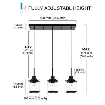 MELUCEE Pendant Lighting for Kitchen Island, 3-Light Dining Room Light Fixtures Hanging Black Finish with Rectangular Clear Glass Shades