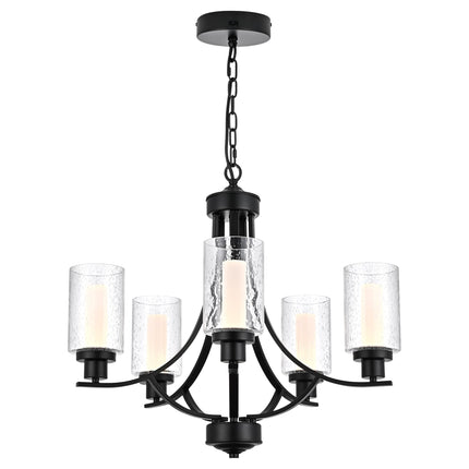 MELUCEE LED Modern Chandeliers for Dining Room 5 Lights Contemporary Kitchen Chandelier with Frosted Acrylic Column Black Led Pendant Light with Seeded Glass Shade, Built-in LED Chips, 5CCT Adjustable