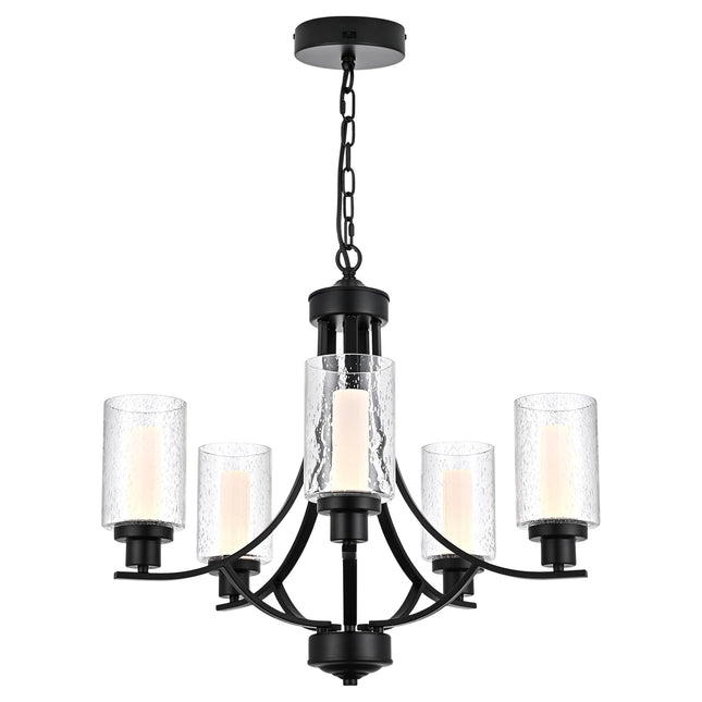MELUCEE LED Modern Chandeliers for Dining Room 5 Lights Contemporary Kitchen Chandelier with Frosted Acrylic Column Black Led Pendant Light with Seeded Glass Shade, Built-in LED Chips, 5CCT Adjustable