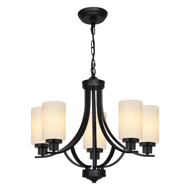 MELUCEE 5 Lights Chandeliers for Dining Room Traditional Chandelier Classic Black Pendant Light with Milky White Glass Shade, Mid Century Modern Chandelier for Kitchen Foyer Bedroom