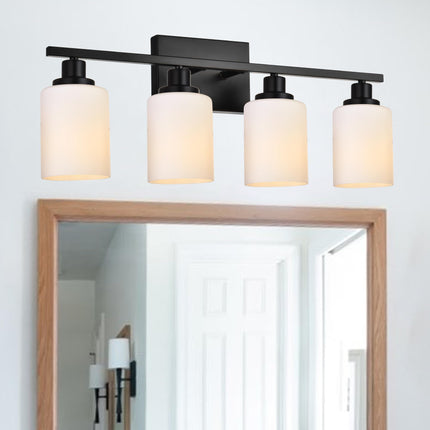 MELUCEE Bathroom Vanity Light Matte Black with Milky White Glass Shade, Modern 4-Light Bathroom Wall Lights Over Mirror Wall Mount Lamp for Dressing Room Living Room Hallway