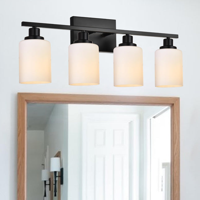 MELUCEE Bathroom Vanity Light Matte Black with Milky White Glass Shade, Modern 4-Light Bathroom Wall Lights Over Mirror Wall Mount Lamp for Dressing Room Living Room Hallway