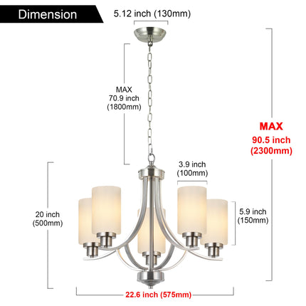 MELUCEE 5 Lights Chandeliers for Dining Room Traditional Chandelier Classic Pendant Light Brushed Nickel with Milky White Glass Shade, Mid Century Modern Chandelier for Kitchen Foyer Bedroom