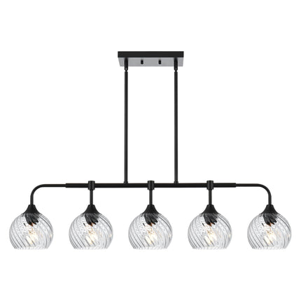 MELUCEE 5-Light Kitchen Island Lighting Linear Chandelier with Clear Striped Swirl Glass Shade, Large Black Pendant Lighting for Dining Room Over Table, Modern Light Fixtures Ceiling Hanging, E26 Base