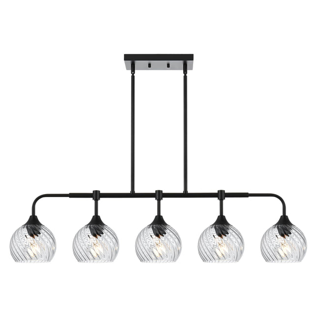 MELUCEE 5-Light Kitchen Island Lighting Linear Chandelier with Clear Striped Swirl Glass Shade, Large Black Pendant Lighting for Dining Room Over Table, Modern Light Fixtures Ceiling Hanging, E26 Base
