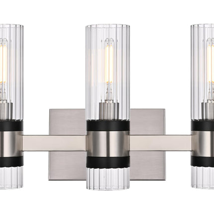 MELUCEE 3-Light Bathroom Light Fixtures Brushed Nickel with Ribbed Clear Glass Shade for Kitchen Bedroom Hallway, E12 Base