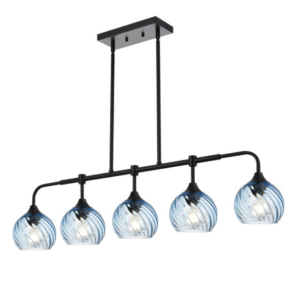 MELUCEE 5-Light Kitchen Island Lighting Linear Dining Room Light Fixtures Ceiling Hanging with Blue Striped Swirl Glass Shade, Modern Black Chandelier for Dining Room Kitchen Island Bar, E26 Base