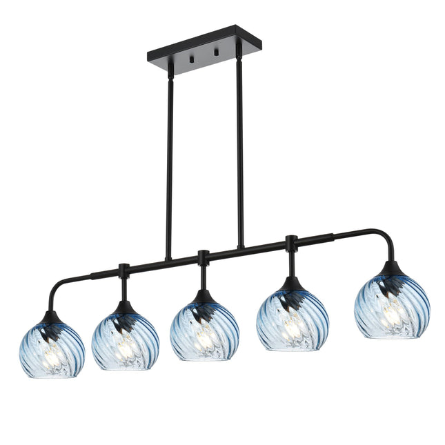 MELUCEE 5-Light Kitchen Island Lighting Linear Dining Room Light Fixtures Ceiling Hanging with Blue Striped Swirl Glass Shade, Modern Black Chandelier for Dining Room Kitchen Island Bar, E26 Base