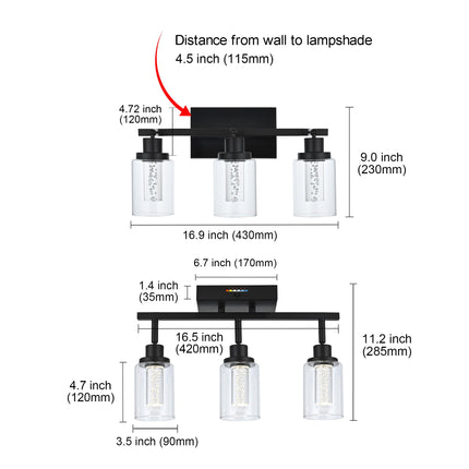 MELUCEE 3 Lights LED Track Lighting Kit Ceiling Bathroom Vanity Light Fixtures Wall Mounted Lamp Black Finished with Flexibly Rotatable Light Heads, Built-in LED Chips, 5-Color Temperature Adjustable