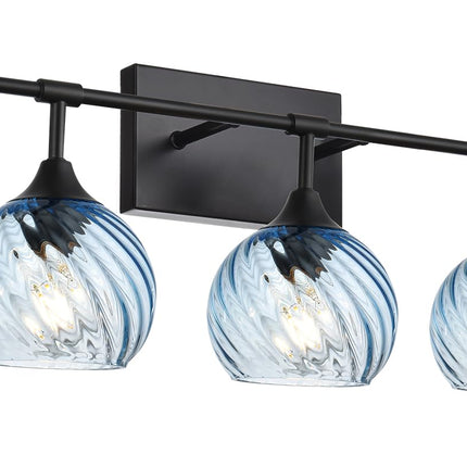 MELUCEE 5-Light Bathroom Light Fixtures 42 Inches, Matte Black Vanity Lights with Blue Striped Swirl Glass Shade, Mid-Century Modern Bathroom Vanity Light Over Mirror