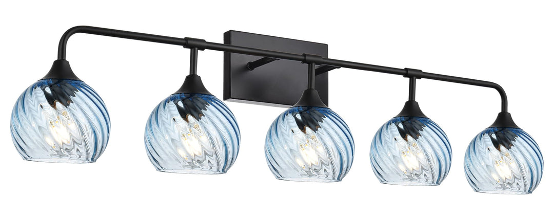 MELUCEE 5-Light Bathroom Light Fixtures 42 Inches, Matte Black Vanity Lights with Blue Striped Swirl Glass Shade, Mid-Century Modern Bathroom Vanity Light Over Mirror