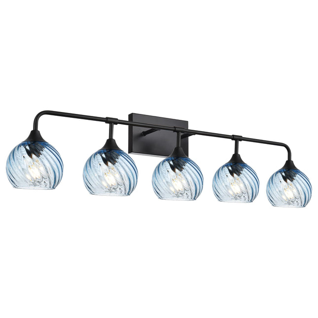 MELUCEE 5-Light Bathroom Light Fixtures 42 Inches, Matte Black Vanity Lights with Blue Striped Swirl Glass Shade, Mid-Century Modern Bathroom Vanity Light Over Mirror