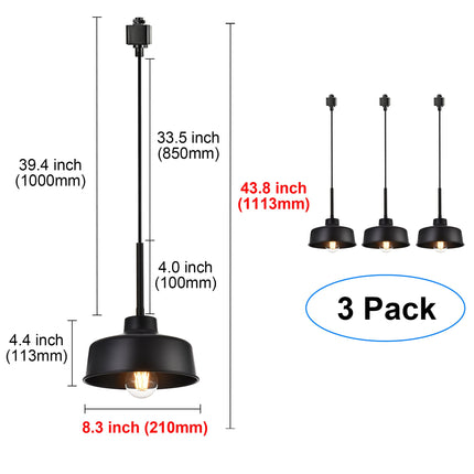 MELUCEE 3 Pack H Type Track Pendant Lighting Black Industrial Ceiling Track Hanging Light Fixtures Pendant, Compatible with H Type Track Lighting Rail, E26 Socket